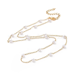 Placage sous vide 304 colliers de perles en acier inoxydable, avec perles en plastique imitation perles et gourmettes, or, 17.72 pouce (45 cm)