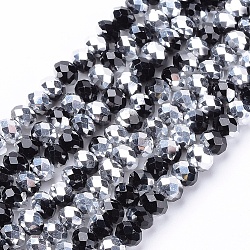 Electroplate Glass Beads Strands, Half Silver Plated, Faceted, Rondelle, Black, 6x4mm, Hole: 1mm, about 95pcs/strand, 16 inch/strand