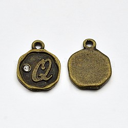 Antique Bronze Plated Alloy Rhinestone Charms, Flat Round with Letter.Q, Nickel Free, 13x10x1.5mm, Hole: 1mm