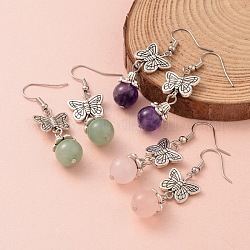 Butterfly Alloy Dangle Earrings, with Natural Gemstone Bead and Brass Earring Hooks, 49mm, Pin: 0.6mm