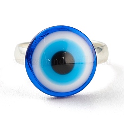 Flat Round with Evil Eye Resin Adjustable Ring, Protection Lucky Brass Finger Ring for Women, Platinum, Blue, US Size 4 1/4(15mm)