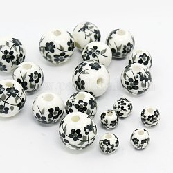 Perline in porcellana di fiori stampati a mano, tondo, bianco e nero, 6~12mm, Foro: 2 mm