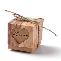 Boîte en carton coeur en papier brun, avec une corde de chanvre, sacs d'emballage cadeau, pour cadeaux bonbons cookies, avec le mot amour, Pérou, 5.1x5.1x5 cm