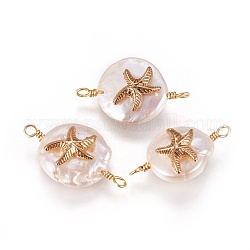 Natural Pearl Links connectors, with Brass Findings, Flat Round with Starfish/Sea Stars, Golden, 19~23x10~12x6~9mm, Hole: 1.6mm