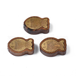 Natural Rosewood Undyed Beads, with Raw(Unplated) Brass Slices, Fish Shape, Saddle Brown, 18x16x6mm, Hole: 1.8mm
