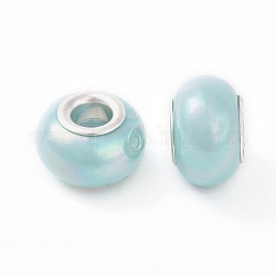 Perles européennes en alliage, Perles avec un grand trou   , imitation porcelaine, avec noyau en laiton plaqué platine, rondelle, turquoise pale, 13.5x8.5mm, Trou: 4.5mm