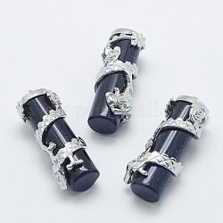 Synthetic Blue Goldstone Pendants, with Brass Findings, Column with Dragon, Platinum, 40.5~41.5x14x15mm, Hole: 3.5x5mm