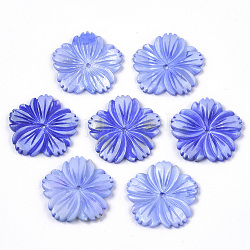 Perles de coquillages naturels d'eau douce, sculpté, teinte, fleur, bleu royal, 28x28x3mm, Trou: 1.6mm