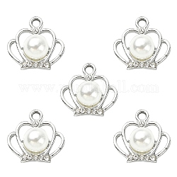 Pendentifs en alliage avec strass de cristal, avec perles en plastique ABS imitation perle, breloques de la Couronne, platine, 17.5x18x8.5mm, Trou: 2.5mm
