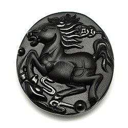 Natural Obsidian Cameo Big Pendants, Flat Round with Horse, Black, 54x49x11mm, Hole: 1mm
