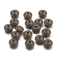 Tibetan Style Alloy Spacer Beads, Cadmium Free & Nickel Free & Lead Free, Rondelle with Flower, Antique Bronze, 9x9x6mm, Hole: 1.5mm