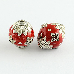 Oval Handmade Grade A Rhinestone Indonesia Beads, with Alloy Antique Silver Metal Color Cores, Crimson, 20.5x18mm, Hole: 2mm