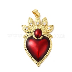 Rack Plating Brass Micro Pave Cubic Zirconia Pendants, with Epoxy Resin, Cadmium Free & Lead Free, Real 18K Gold Plated, Long-Lasting Plated, Heart, Red, 40.5x23.5x5mm, Hole: 3.5x5mm