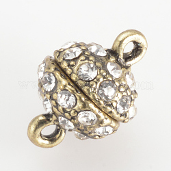 Vintage Round Alloy Grade A Rhinestone Magnetic Clasps for Jewelry Making, Antique Bronze, Crystal, 18x10mm, Hole: 2mm
