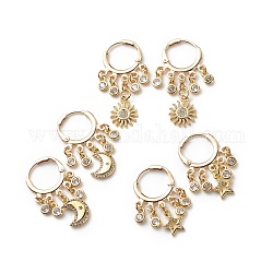 3 paires 3 boucles d'oreilles à levier en zircone cubique claire de style étoile, lune et soleil, bijoux en laiton pour femmes, or, 39x20mm, pin: 0.6 mm, 1 paire/style