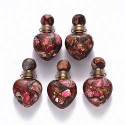 Pendentifs ouvrants pour flacon de parfum en bronzite naturelle et jaspe impérial synthétique assemblés par cœur, avec les accessoires en laiton, teinte, rose chaud, capacité: 1 ml (0.03 oz liq.), 37.5~38.5x22x13mm, Trou: 1.8mm