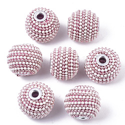 Perles Indonésiennes manuelles, avec de l'argile polymère, noyaux en laiton plaqué argent et chaînes à billes de fer, ronde, rose, 18~20x15~17mm, Trou: 3mm