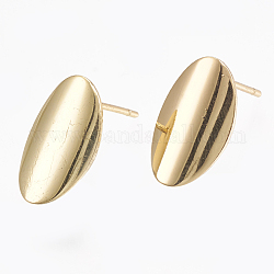 Brass Stud Earring Findings, with Loop, Real 18K Gold Plated, Oval, 14x8mm, Hole: 2mm, Pin: 0.7mm