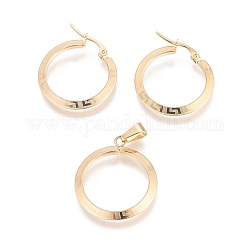 304 set di gioielli in acciaio inossidabile con pendenti e orecchino a cerchio, anello, oro, orecchino: 25.5x25x2mm, pin: 0.6mm, pendente: 28.5x25x2mm, Foro: 3x6.5 mm