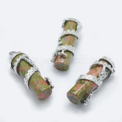 Pendenti Unakite naturali, con accessori di ottone, colonna con drago, platino, 40.5~41.5x14x15mm, Foro: 3.5x5 mm