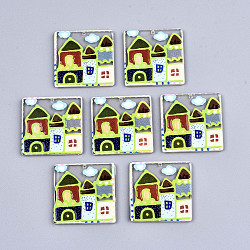 Прозрачные акриловые подвески, 3d напечатано, квадрат с домиком, желто-зеленые, 31x31x2.5 мм, отверстие : 1.5 мм