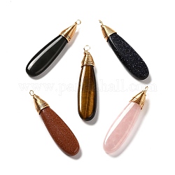 Natural & Synthetic Mixed Stone Pendants, with Real 18K Gold Plated Eco-Friendly Copper Wire, Teardrop, 41x10x6mm, Hole: 1.8mm