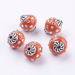 Perles Indonésiennes manuelles, avec accessoires en alliage et strass en acrylique, ovale, orange, 14x15mm, Trou: 2mm