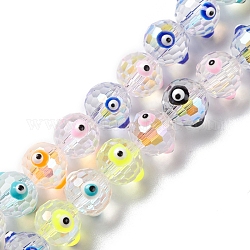 Transparente Evil-Eye-Glasperlenstränge, mit Emaille, facettiert, Runde, Mischfarbe, 10.5~11x9 mm, Bohrung: 1.6 mm, ca. 40 Stk. / Strang, 13.86''~14.06'' (35.2~35.7 cm)