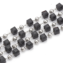 Chaînes de perles en verre manuels, soudé, avec bobine, accessoire en 304 acier inoxydable et perles en fer, cube, couleur inoxydable, noir, 3mm, environ 32.8 pied (10 m)/rouleau
