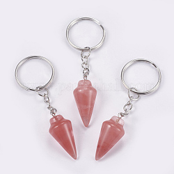 Cherry Quartz Glass Keychain, with Iron Key Rings, Platinum, 78mm, Pendant: 32x14mm