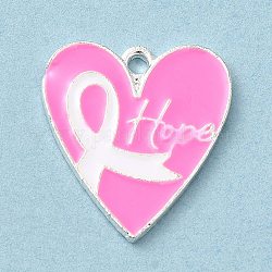 Pendentifs en alliage d'émail sur le thème du ruban de sensibilisation rose contre le cancer du sein, couleur d'argent, cœur, 20x18x1.5mm, Trou: 1.5mm