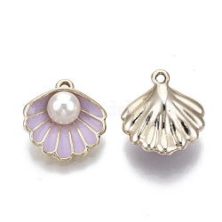 Alloy Pendants, with ABS Plastic Imitation Pearl & Enamel, Shell with Pearl, Light Gold, Plum, 16x15x7mm, Hole: 1.5mm