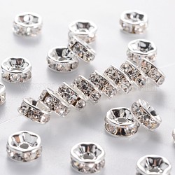 Brass Grade A Rhinestone Spacer Beads, Silver Color Plated, Nickel Free, Crystal, 7x3.2mm, Hole: 1.2mm