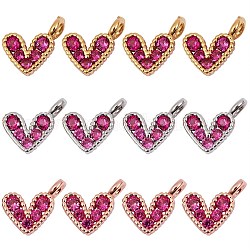 12Pcs 3 Colors Brass Micro Pave Cubic Zirconia Charms, Long-Lasting Plated, Lead Free & Nickel Free & Cadmium Free, Heart, Hot Pink, Mixed Color, 9.5x6.5x2mm, Hole: 1mm, 4pcs/color