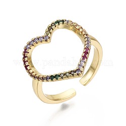 Латунные микро проложить манжеты кольца кубического циркония, открытые сердечные кольца, без никеля , красочный, реальный 16k позолоченный, внутренний диаметр: 17 мм