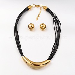 304 Stainless Steel Necklaces and Domed Ear Studs Jewelry Sets, PU Leather with Lobster Claw Clasps, Golden, 14.96 inch, 18x9.5mm, Pin: 0.7mm