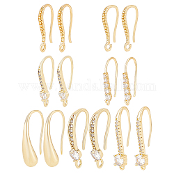 BENECREAT 14Pcs 7 Style Brass Micro Pave Cubic Zirconia Earring Hooks Set, Ear Wire with Horizontal Loops, Real 18K Gold Plated, 16.5~23.8x7.5~10x2~4.5mm, Pin: 0.6~1mm, 2Pcs/style