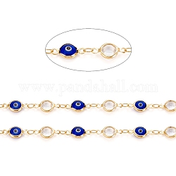 Handmade Brass Link Chains, with Glass & Cubic Zirconia & Spool, Soldered, Long-Lasting Plated, Flat Round with Evil Eye, Golden, 13x6.5~7x3mm, about 32.8 Feet(10m)/roll