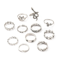 Conjuntos de anillos de dedo de aleación de zinc, hueco, flor y hoja y serpiente y rosa y estrella y ola, plata antigua, 1~15.5mm, diámetro interior: 16.7~18.1 mm, 11 PC / sistema