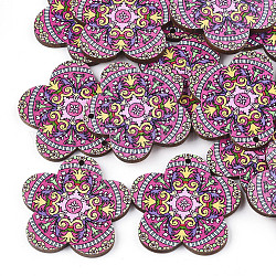 Colgantes de tilo impresos, color aleatorio trasero, flor, color de rosa caliente, 33.5x34.5x3mm, agujero: 1.5 mm