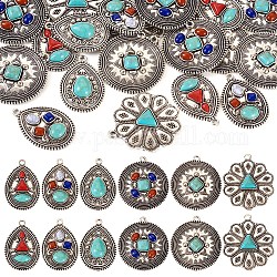 Pandahall 24pcs 6 styles pendentifs en alliage, breloques en forme de larme, rondes plates et fleurs, turquoise synthétique teints, argent antique, 36.5~42x25~38x4.5~7mm, 4 pièces / style