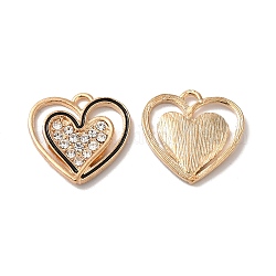 Alloy Rhinestone Pendants, Heart Charms, Light Gold, 20x20x2.5mm, Hole: 2mm