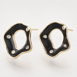 Brass Micro Pave Cubic Zirconia Stud Earring Findings, Enamel and Loop, Nickel Free, Real 18K Gold Plated, Black, 15.5x15mm, Hole: 0.8mm, Pin: 0.7mm