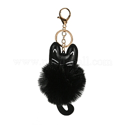 Simpatico portachiavi in pelle sintetica di gatto e imitazione palla di pelo di coniglio rex, con la lega di chiusura, per la decorazione della chiave dell'auto della borsa, nero, 18cm