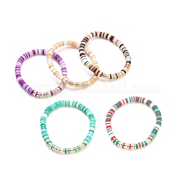 Bracelets extensibles perlés heishi en pâte polymère à la main, avec perles d'hématite synthétique non magnétiques plaquées or clair, couleur mixte, 2-1/8 pouce (5.5 cm)