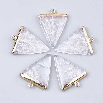 Гальванизировать природный кристалл кварца подвески, с железной фурнитурой, треугольные, золотые, 30~34x23x5~5.5 мм, отверстие : 1.6 мм