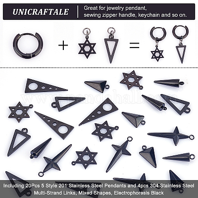 UNICRAFTALE 24pcs 6 Styles Punk Pendants Black Stainless Steel Triangle  Pendants Spike Metal Charm Hypoallergenic Star of David Pendants Hiphop