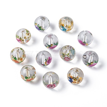 Perles rondes en verre transparent avec motif de fleur GFB-R004-14mm-M19-1