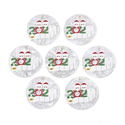 セルロースアセテート（樹脂）ペンダント  3dプリント  クリスマステーマ  父のクリスマスとフラットラウンド  ホワイトスモーク  35x2.5mm  穴：1.8mm KY-S163-018-1
