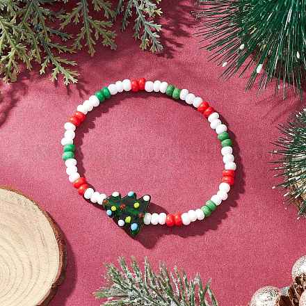 Рождественские стеклянные бисерные браслеты ручной работы из бисера и бусин-лэмпворк для женщин BJEW-MZ00197-02-1